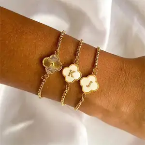 18k Gold Plated Stainless Steel Lucky Shell Pearl Clover Bracelet Adjustable A-Z Initial Clover Bracelet For Women Jewelry