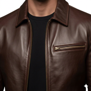 Veste en cuir marron pour homme, style décontracté, col rabattu, fermeture éclair, veste de motard - Product Image 4