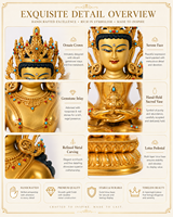 Statue antique Amitayus Bouddha de la longue vie, sculpture artisanale en laiton plaqué or avec thème ange pour la décoration d'autel de maison ou de jardin