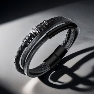 Multi Layer Hand Woven <b>Leather</b> <b>Bracelet</b> For Men Black Gold Gradient Skeleton Design Magnetic Buckle Jewelry Gift - Product Image 2