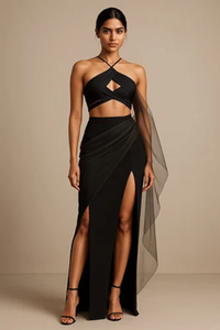 เดรสสไตล์ตะวันตกสีดำแบบใหม่ ผ้าซาติน แต่งลายเรียบ ตัดเย็บตามสั่ง ไซส์ตามสั่ง - Product Image 2