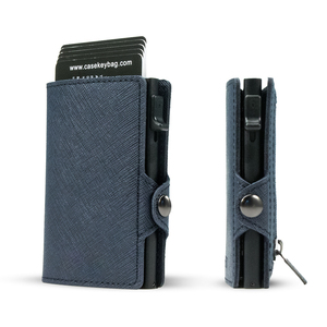 Porte-cartes mini en aluminium à ouverture rapide, best-seller, portefeuille intelligent en cuir Saffiano pour homme avec fermeture éclair, protection RFID - Product Image 1