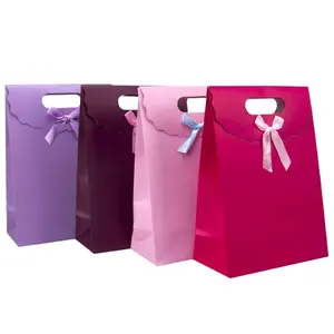 Cheap Colorful Paper Gift Bags With Ribbon Bowknot Design For Birthday Wedding Party Present