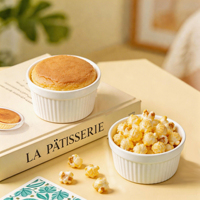 En stock – Ramekin en céramique blanc rayé de 6 oz pour soufflé, cupcakes, pâtisseries et puddings, idéal pour la cuisson au four, personnalisable avec logo