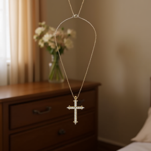 Collana con Ciondolo a Croce 10x15Cm con Diamanti, Tono Argento e Oro, Acciaio - Product Image 3