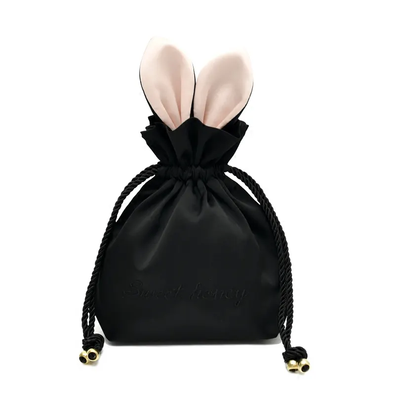Precioso bolso con cordón de satén con orejas de conejo, bolso cosmético con cordón