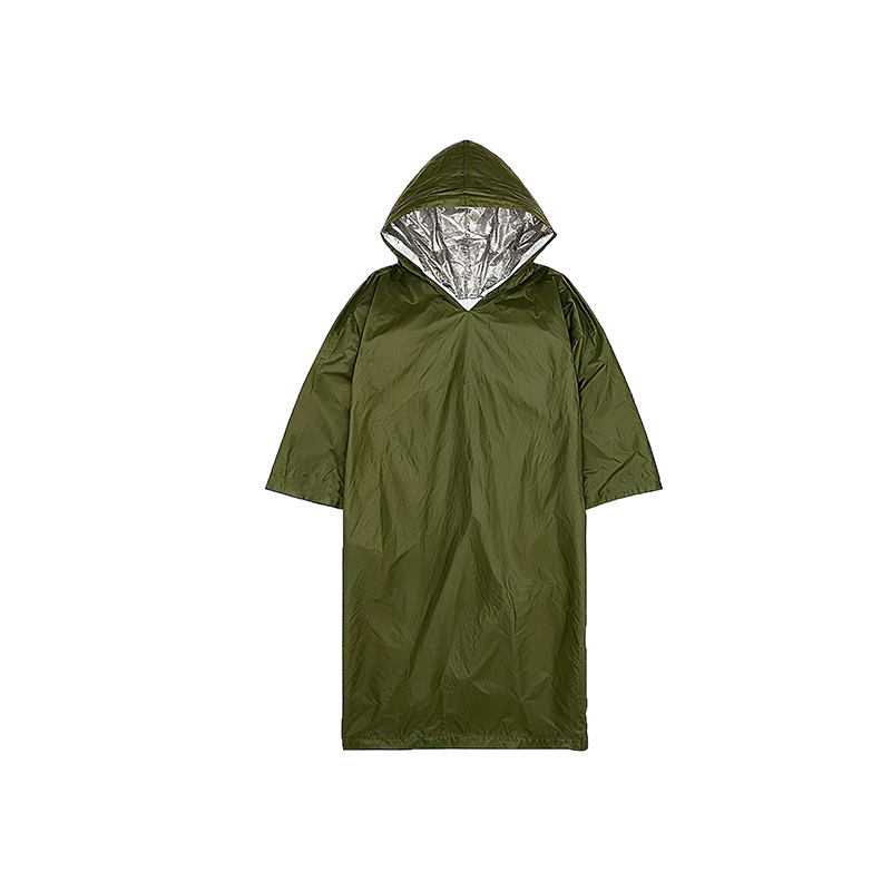 Green raincoat, green cloth bag