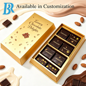 Boîte cadeau en papier chocolaté avec logo personnalisé, dorure or luxe, avec plateau intérieur, pour amandes et mini-crêpes de qualité supérieure. - Product Image 4