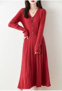 Wool A-Line Elegant Autumn Long Sleeve Button Sweater <strong>Dress</strong> with V-Neck Natural Waist Thick Simple Midi - Product Image 5