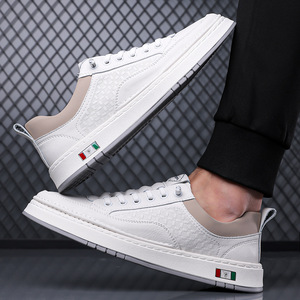 Chilowa Men's <b>White</b> Sneakers Low <b>Heel</b> Breathable Leather Casual Shoes For Leisure - Product Image 4