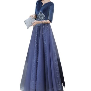 Women's Evening Gown Navy Blue V Neck Long Velvet Dress With Floral Embroidery For Banquets And Performances - Product Image 5