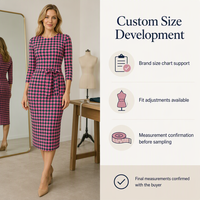 Robe midi personnalisée à imprimé pied-de-poule rose et vert pour femmes |   Robe cintrée à manches 3/4 avec ceinture à nouer à la taille |   Usine de fabrication OEM/ODM en marque blanche