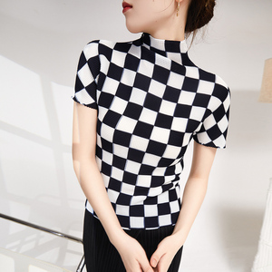 Camiseta Casual Plisada de Alta Elasticidad para Mujer, Verano 2025, Estampado a Cuadros, Cuello Alto, Manga Corta, Ecológica, Ajustada - Product Image 1