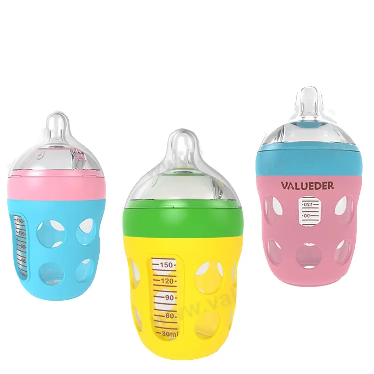 Latest design glass baby feeding bottles with silicone sleeves