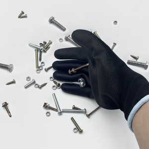 Gants en polyester de calibre 13 enduits de <span class=keywords><strong>PU</strong></span> noir, confortables, résistants à l'usure, couleur personnalisée en gros - Product Image 1