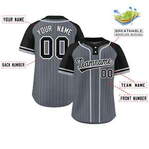 Maillot de softball personnalisé gris foncé à rayures noir-gris, manches raglan, authentique, à deux boutons - Product Image 2