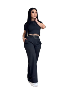 Nouvel ensemble tendance d'été décontracté et écologique à col rond, coupe ample, pour le quotidien, avec haut court et pantalon large à manches courtes - Product Image 1