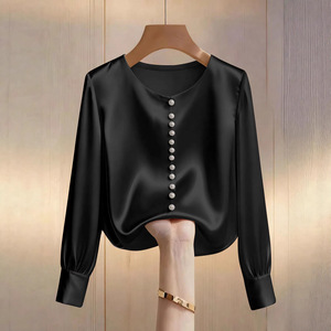 Camiseta Casual de Primavera para Mujer, Estilo Europeo y Americano, Cuello Redondo, <span class=keywords><strong>Manga</strong></span> <span class=keywords><strong>Larga</strong></span>, Tejido con Cuentas, Color Sólido - Product Image 5