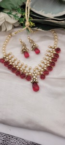 best collection jewellery set is a traditional Polki pendant and earring Traditional Indian Kundan and Carved <b>Ruby</b> Bead <b>Necklace</b> - Product Image 3