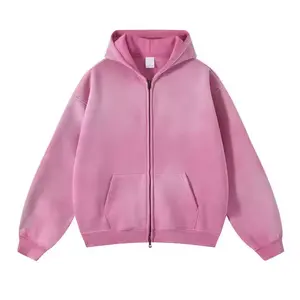 Pink Custom Logo Streetwear Unisex 360 GSM Double Zipper Hoodies Vintage Acid Wash Sun Faded Distressed Zip Up Blank Hoodie