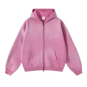 Hoodie com zíper duplo unissex 360 GSM com logotipo personalizado rosa, moletom vintage com lavagem ácida e sol desbotado, com zíper em branco