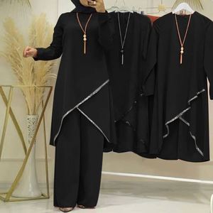 <span class=keywords><strong>HANO</strong></span>, venta al por mayor, nueva camisa de manga larga de Color sólido para mujer, pantalones de pierna ancha, conjunto informal de dos piezas musulmán, Top y pantalones, traje musulmán - Product Image 4
