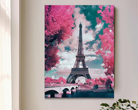 Peinture Diamant Moderne Tour Eiffel, Art Mural en Tissu, Arbres Roses, Pont, Rivière, Photographie Infrarouge, Ciel Dégradé, Style Romantique