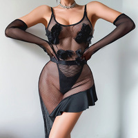 Bodysuit Teddy Jaring Transparan Wanita Deeplove dengan Potongan Bunga Mawar 3D dan Rok Asimetris Grosir OEM