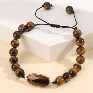 Bracelet à breloques ovales œil de tigre unisexe, perles tressées, énergie de guérison, Bracelet en pierre naturelle, bijoux pour femmes