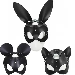 Heißer verkauf PU Leder BDSM Kopf Bondage Getriebe Katze Kaninchen Maus Rolle Spielen Party Augenbinde Maske