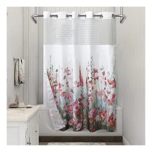 CF BCJ53 Cortina de chuveiro sem gancho com forro de encaixe flor floral flor rosa tecido de luxo dupla camada decorativa para banheiro