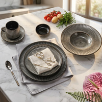 Service de table en céramique et porcelaine brillante à motif tweed noir et blanc ST Wholesale, assiettes rondes, bols, pour la restauration, robuste, passe au lave-vaisselle