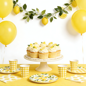 DAMAI - Juego de Vajilla Desechable para Fiestas Infantiles, Picnic, Camping, Cumpleaños, Diseño a Cuadros Amarillo Limón, Servilletas, Vasos y Platos de Papel - Product Image 1
