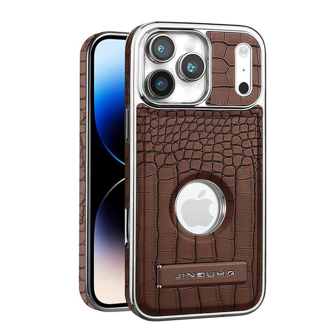 Foldable Stand Brown Color Crocodile Vegan Leather Pattern Shell Personalize Phone case for iPhone 12 13 14 15 16 17 Pro Max