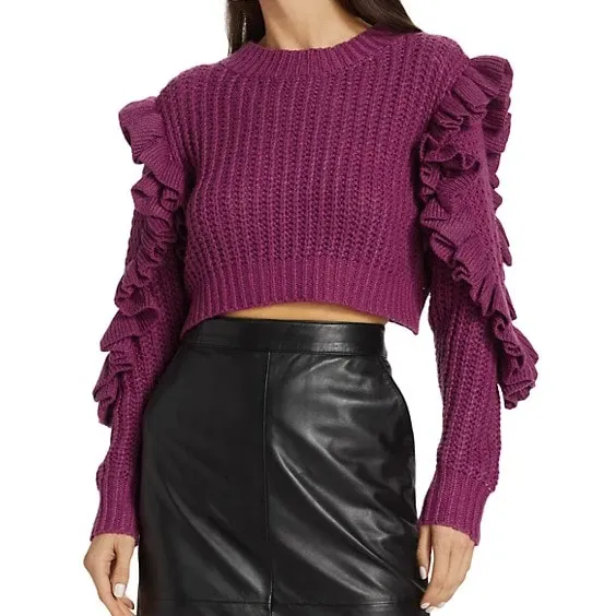 사용자 정의 긴 소매 크루 넥 아늑한 여성 스웨터 솔리드 퍼플 핏 크로 셰 뜨개질 로맨틱 러플 스웨터
