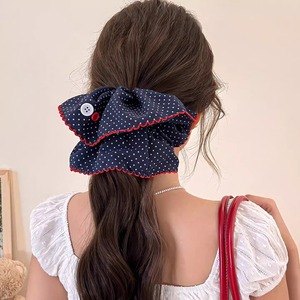 新作ファッションビンテージネイビーブルーレトロ水玉スクランチ女性用女の子ボタンヘアロープバンド女性アクセサリーヘアネクタイジュエリー - Product Image 3