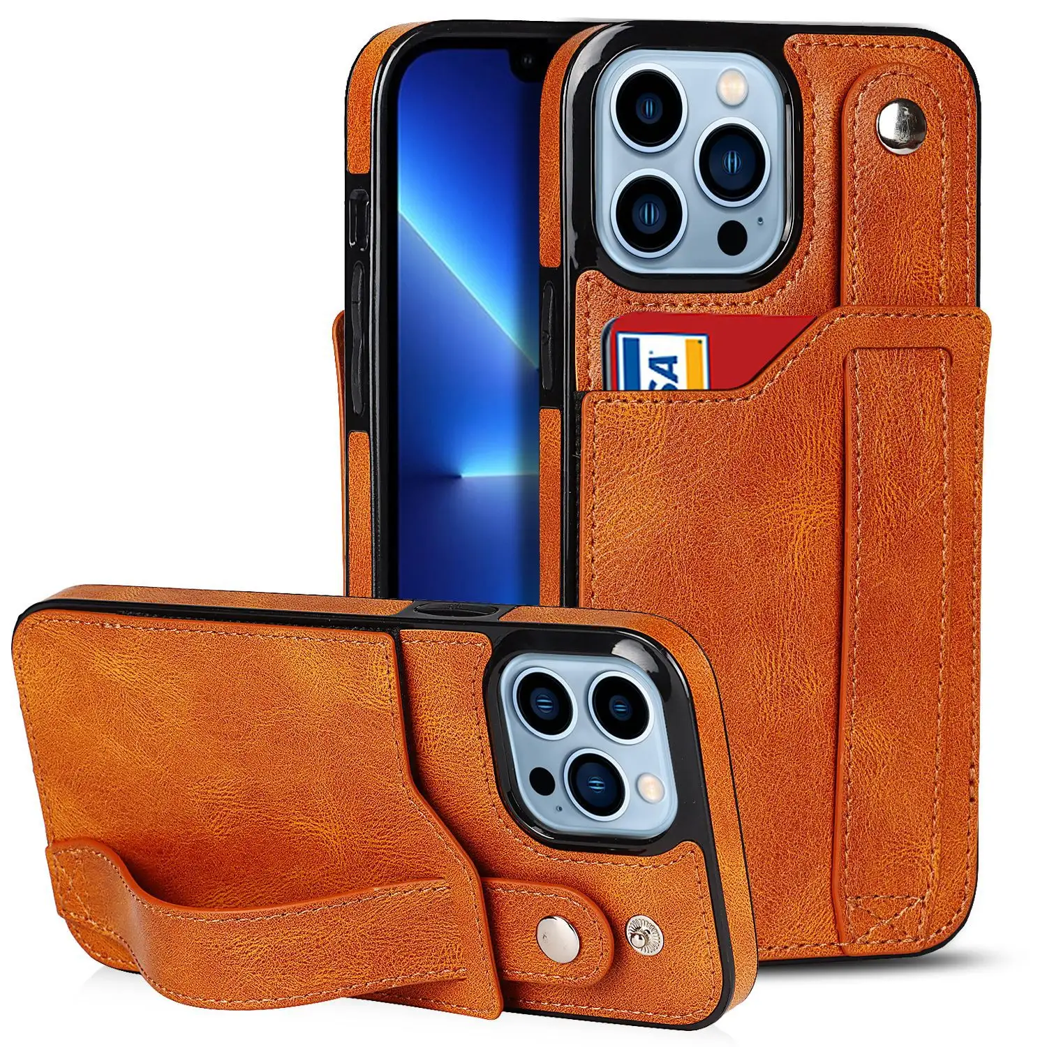 High quality back cover phone case wrist strap leather case for iphone 12 13 Pro card inserted phone holster wholesale