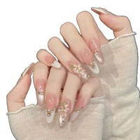Kuku Akrilik Tempel dengan Desain Bunga 3D Mutiara Rhinestone Bentuk Almond Panjang, Pilihan Logo yang Dapat Disesuaikan untuk Salon Kuku