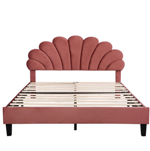 Modern Adjustable <b>Queen</b> <b>Size</b> Red Velvet Upholstered Eco-Friendly Platform <b>Bed</b> Floral Pattern Headboard Soft Style Bedroom - Product Image 4