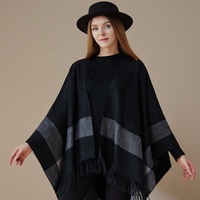 Poncho Châle Chaud en Fausse Cachemire Tricoté à Pompons pour Femme, Idéal pour le Bureau, Automne Hiver Printemps, Motif Plaid Dégradé