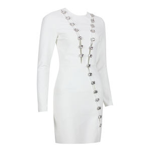 Vestido corto femenino <span class=keywords><strong>de</strong></span> <span class=keywords><strong>punto</strong></span> con manga larga, minivestido ajustado con cristales para mujer, color blanco - Product Image 3