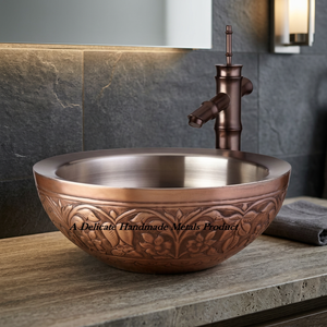 Lavabo de Cobre de Doble Pared Delicate Metals DS-154, Acabado Cobre Antiguo, Lavabo de Sobremesa de 40CM, Acabado Níquel Grabado, Duradero - Product Image 4