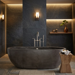 Bañera Ovalada Independiente de Piedra Marrón, Bañera Clásica para Adultos con Tapa para el Hogar - Product Image 1