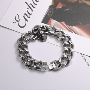 Skull Bracelet Cuban <b>Chain</b> Silver <b>Titanium</b> Steel Men Punk Retro Style CE629 - Product Image 1