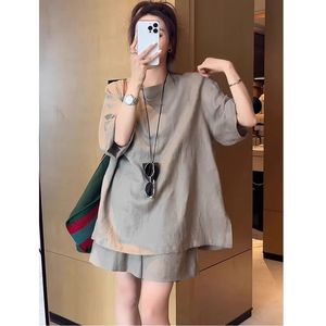 Women's Cotton <b>Linen</b> <b>Two</b> <b>Piece</b> Set Short Sleeve Shorts Loose Solid Color Breathable Casual Summer Outfit Green Gray Brown - Product Image 2