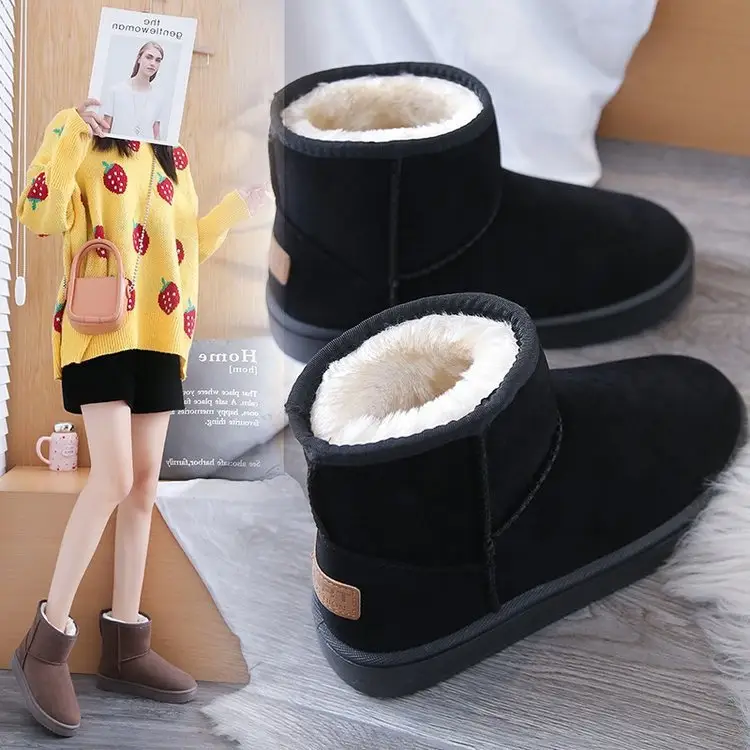 Winter Women's Short-Tube Snow Boot Plush Warm Women Shoes Suede Round-Toe Flat Heel Ankle Boots