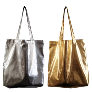 <span class=keywords><strong>Bolso</strong></span> de Mano de Cuero Vegano PU Plateado Metálico Dorado de Moda con Logotipo Personalizado, <span class=keywords><strong>Bolso</strong></span> de Hombro Tipo Tote para Mujer - Product Image 1