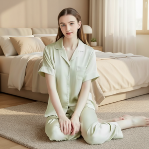 Women Home Wear Elegant Luxury Soft Casual 100% Silk Short Sleeved Pajamas Set Satin Elastic Waist Summer Autumn Spring Garment