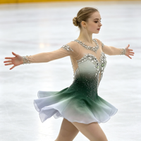 Robe de patinage artistique pour adultes et enfants, dégradé vert et blanc, maille, manches longues, chaîne de strass au dos, costume de performance et de compétition