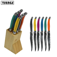 Couteaux Laguiole dentelés en acier inoxydable Ensemble de 6 couteaux à steak avec bloc de couteaux en bois de qualité supérieure